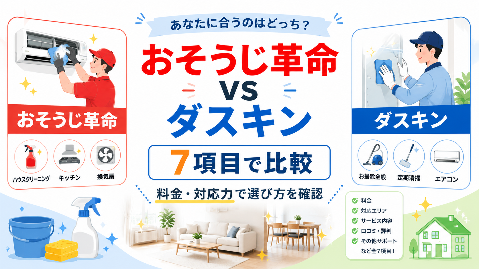 おそうじ革命とダスキンを7項目で比較！料金や対応力で選び方を確認